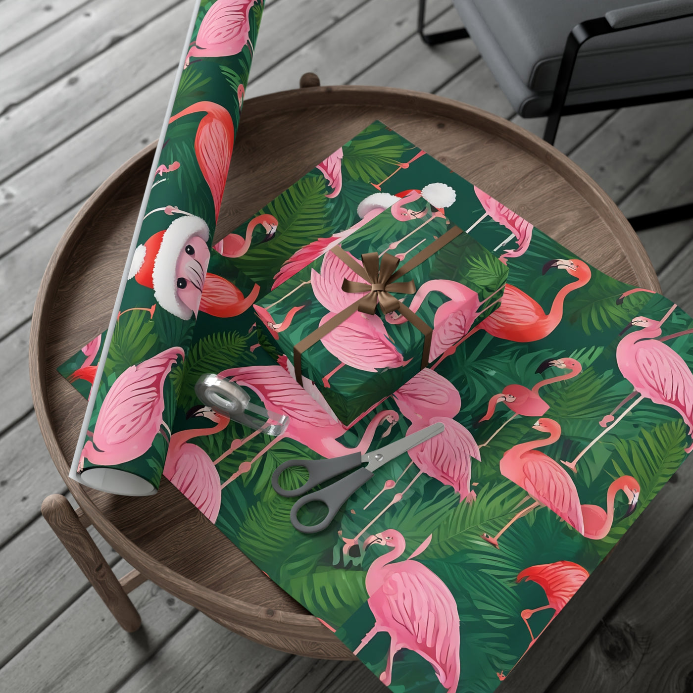 Wrapping paper with a festive flamingo and tropical leaf design.