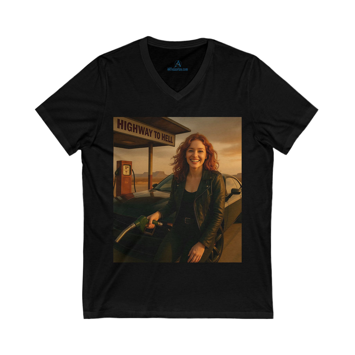 T-Shirt: Highway to Hell V-Neck Tee, Cool Casual T-Shirt, Vintage Inspired Top, Music Lover Gift, Road Trip Shirt, Gift for Him/Her