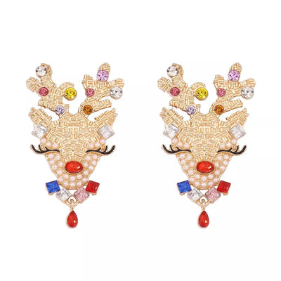 Gold-plated reindeer earrings with colorful rhinestones and pearl accents.